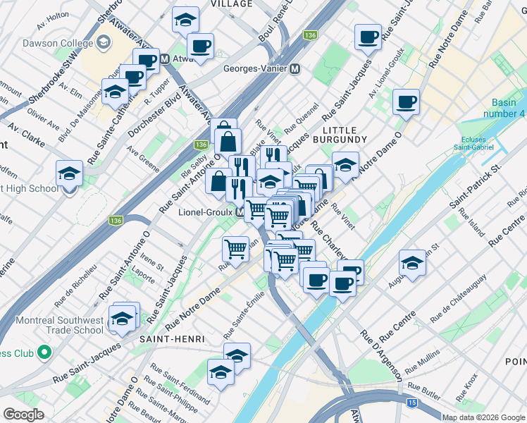 map of restaurants, bars, coffee shops, grocery stores, and more near 2665 Rue Delisle in Montréal