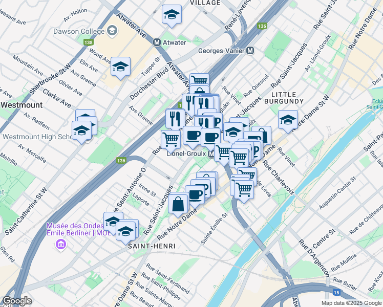 map of restaurants, bars, coffee shops, grocery stores, and more near 3177 Rue Saint-Jacques in Montréal