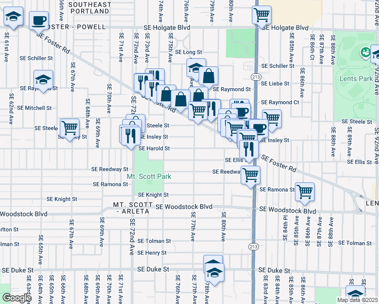 map of restaurants, bars, coffee shops, grocery stores, and more near 7620 Southeast Harold Street in Portland