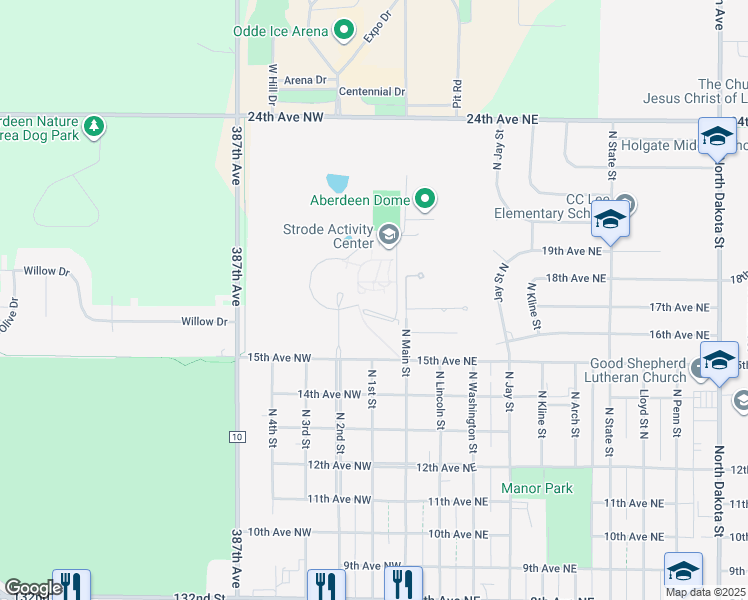 map of restaurants, bars, coffee shops, grocery stores, and more near 1500 North Main Street in Aberdeen