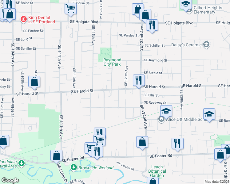 map of restaurants, bars, coffee shops, grocery stores, and more near 11826 Southeast Harold Street in Portland