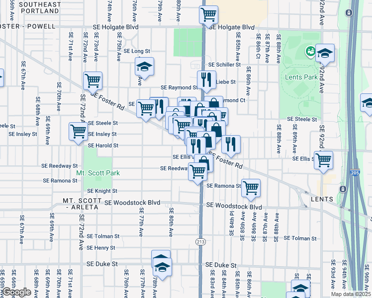 map of restaurants, bars, coffee shops, grocery stores, and more near 8064 Southeast Harold Street in Portland