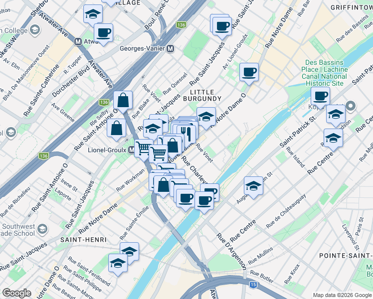 map of restaurants, bars, coffee shops, grocery stores, and more near 2490 Rue Notre-Dame Ouest in Montréal