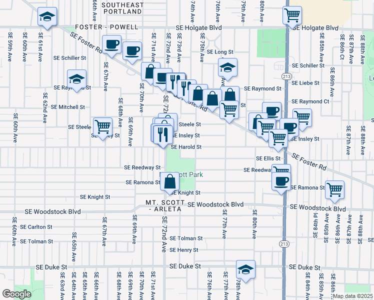 map of restaurants, bars, coffee shops, grocery stores, and more near 5512 Southeast 73rd Avenue in Portland