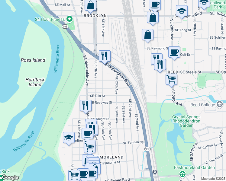 map of restaurants, bars, coffee shops, grocery stores, and more near 1926 SE Harold St in Portland