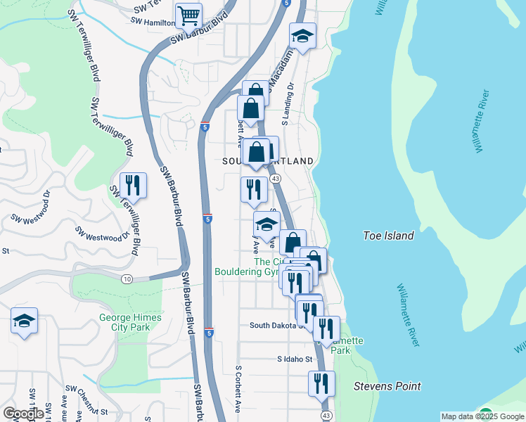 map of restaurants, bars, coffee shops, grocery stores, and more near 5603 South Kelly Avenue in Portland