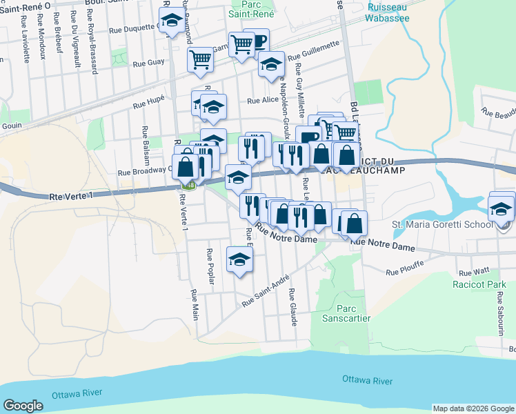 map of restaurants, bars, coffee shops, grocery stores, and more near 161 Rue Fernand-Arvisais in Gatineau