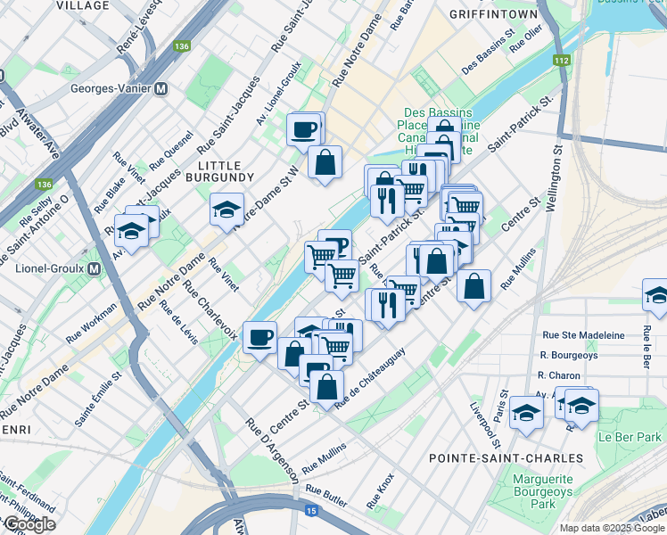 map of restaurants, bars, coffee shops, grocery stores, and more near 2175 Saint-Patrick Street in Montrã©Al
