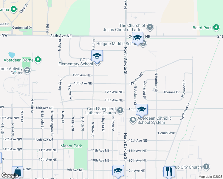 map of restaurants, bars, coffee shops, grocery stores, and more near 721 17th Avenue Northeast in Aberdeen