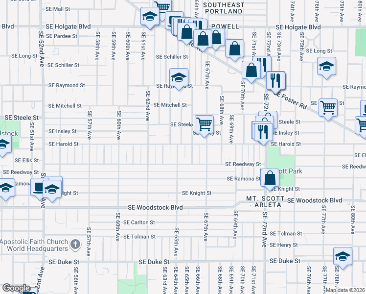 map of restaurants, bars, coffee shops, grocery stores, and more near 6516 Southeast Harold Street in Portland
