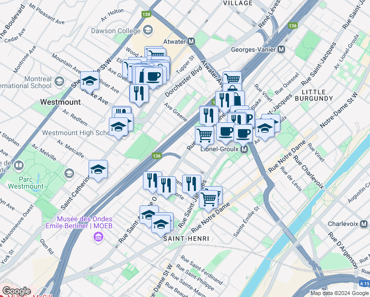 map of restaurants, bars, coffee shops, grocery stores, and more near 3555 Rue Saint-Antoine Ouest in Westmount