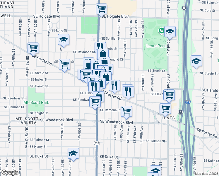 map of restaurants, bars, coffee shops, grocery stores, and more near 5424 Southeast 82nd Avenue in Portland
