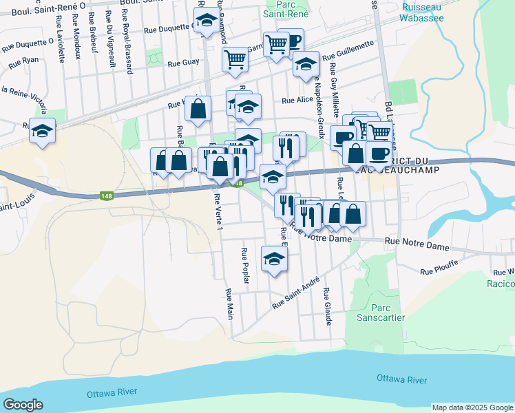 map of restaurants, bars, coffee shops, grocery stores, and more near 175 Rue Jean René Monette in Gatineau