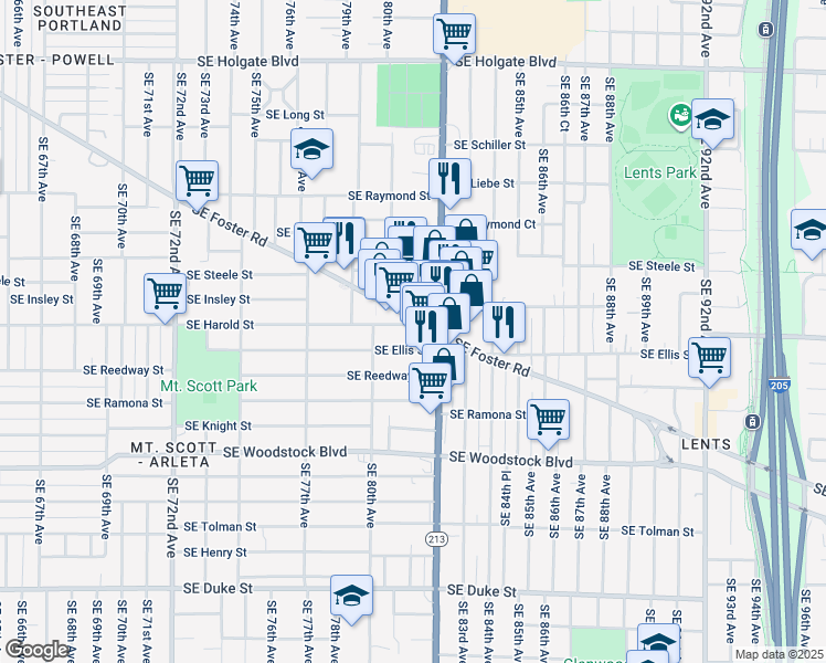 map of restaurants, bars, coffee shops, grocery stores, and more near 8064 Southeast Harold Street in Portland