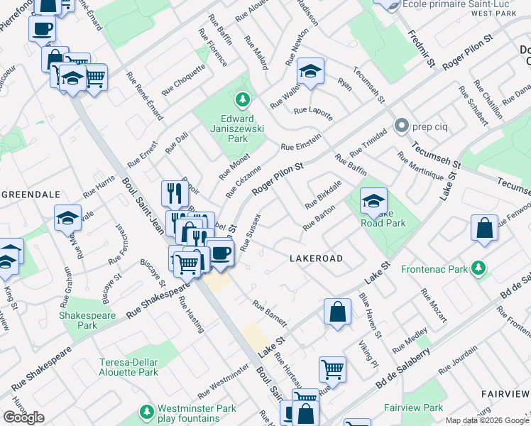 map of restaurants, bars, coffee shops, grocery stores, and more near 152 Rue Sussex in Dollard-des-Ormeaux