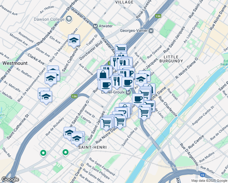 map of restaurants, bars, coffee shops, grocery stores, and more near 722 Greene Avenue in Montreal