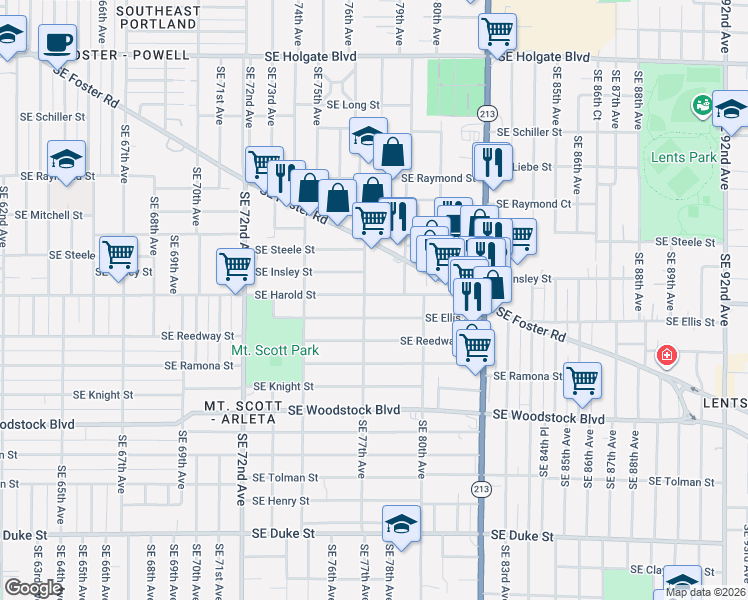 map of restaurants, bars, coffee shops, grocery stores, and more near 7820 Southeast Harold Street in Portland