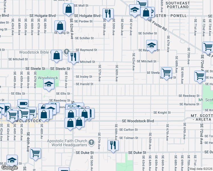 map of restaurants, bars, coffee shops, grocery stores, and more near 5737 Southeast Harold Street in Portland