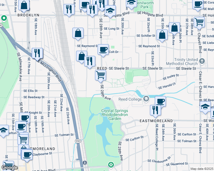 map of restaurants, bars, coffee shops, grocery stores, and more near Southeast 28th Avenue in Portland