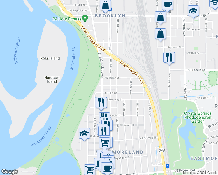 map of restaurants, bars, coffee shops, grocery stores, and more near 1624 Southeast Harold Street in Portland