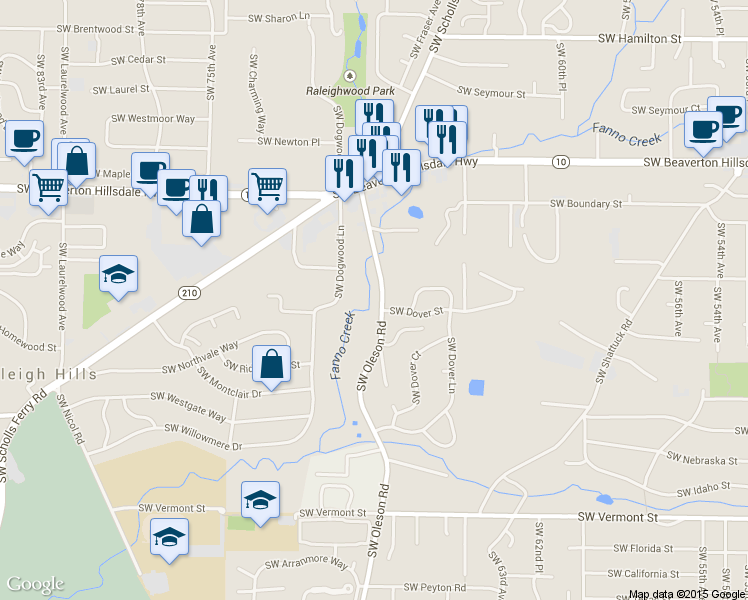 map of restaurants, bars, coffee shops, grocery stores, and more near 5121 Southwest Oleson Road in Portland