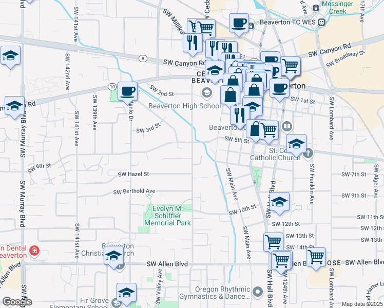 map of restaurants, bars, coffee shops, grocery stores, and more near 5155 Southwest Erickson Avenue in Beaverton