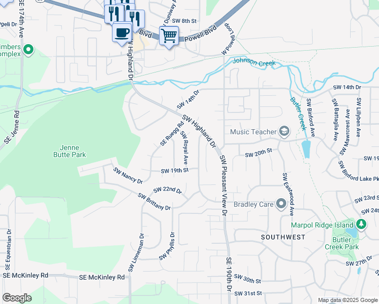 map of restaurants, bars, coffee shops, grocery stores, and more near 1726 Southwest Royal Avenue in Gresham