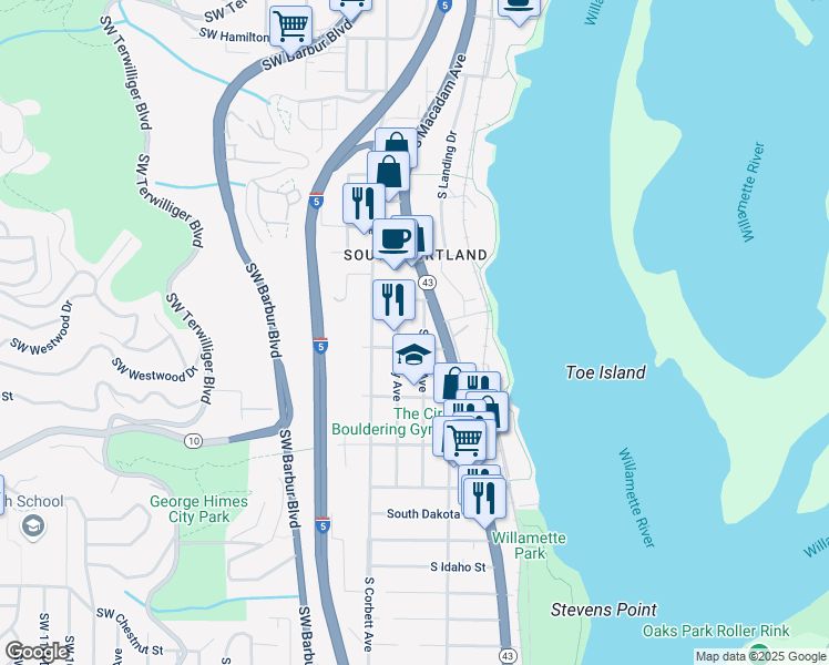 map of restaurants, bars, coffee shops, grocery stores, and more near 5615 South Macadam Avenue in Portland