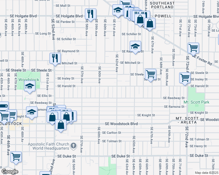 map of restaurants, bars, coffee shops, grocery stores, and more near 5506 Southeast 61st Avenue in Portland