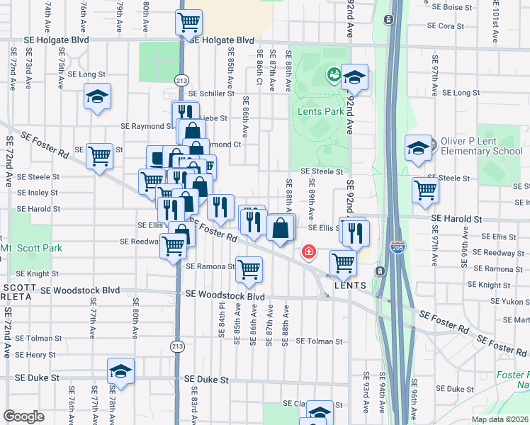 map of restaurants, bars, coffee shops, grocery stores, and more near 5437 Southeast 87th Avenue in Portland