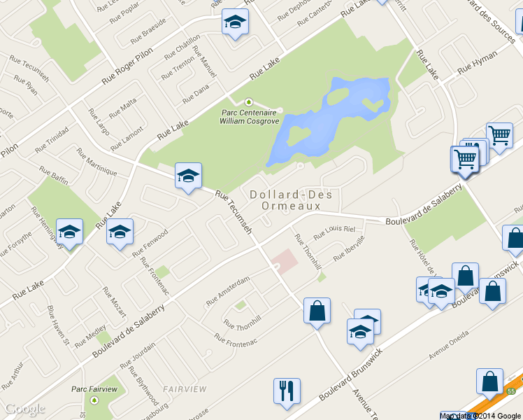 map of restaurants, bars, coffee shops, grocery stores, and more near 109 Rue Montevista in Dollard-des-Ormeaux