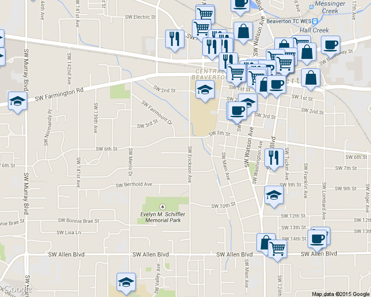 map of restaurants, bars, coffee shops, grocery stores, and more near 5155 Southwest Erickson Avenue in Beaverton