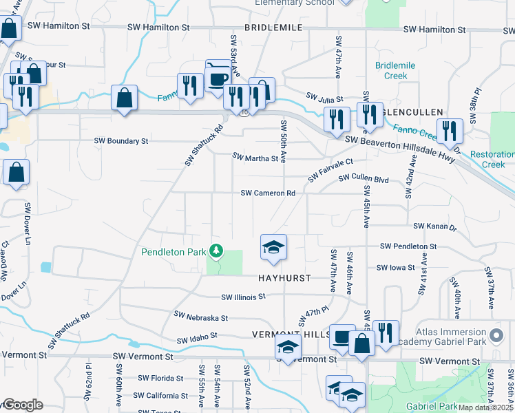 map of restaurants, bars, coffee shops, grocery stores, and more near 5712 Southwest 52nd Avenue in Portland