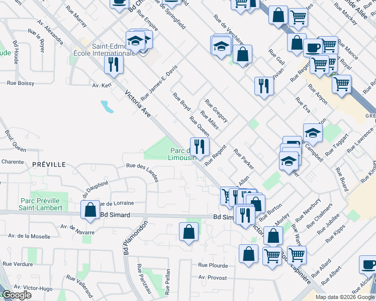 map of restaurants, bars, coffee shops, grocery stores, and more near 1640 Victoria Avenue in Longueuil