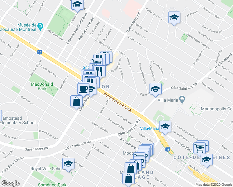 map of restaurants, bars, coffee shops, grocery stores, and more near 5244 Rue Snowdon in Montréal