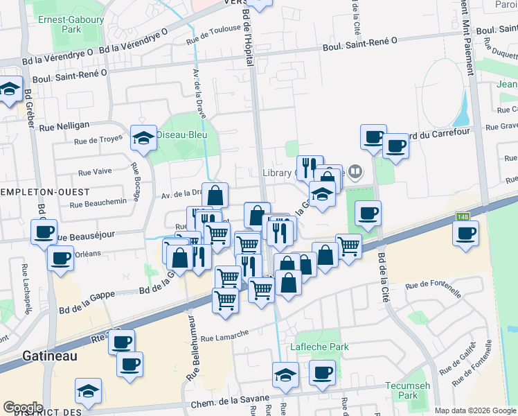 map of restaurants, bars, coffee shops, grocery stores, and more near 171 Boulevard de l'Hôpital in Gatineau