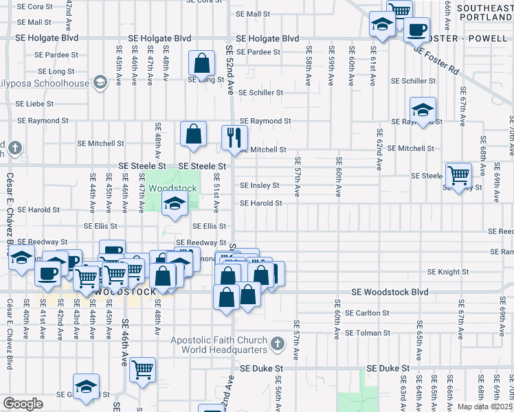 map of restaurants, bars, coffee shops, grocery stores, and more near 5404 Southeast Harold Street in Portland