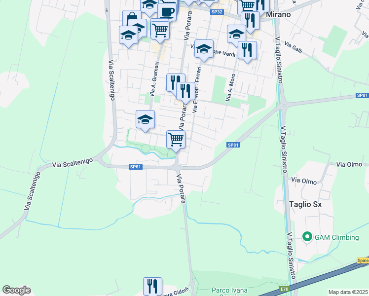 map of restaurants, bars, coffee shops, grocery stores, and more near 68 Via E. Wolf - Ferrari in Mirano