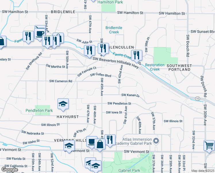 map of restaurants, bars, coffee shops, grocery stores, and more near 4418 Southwest Flower Street in Portland