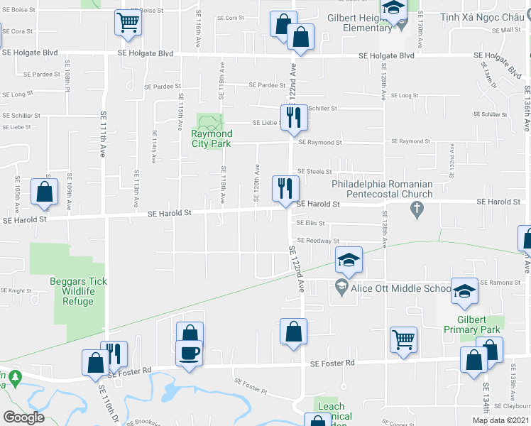 map of restaurants, bars, coffee shops, grocery stores, and more near 12026 Southeast Harold Street in Portland