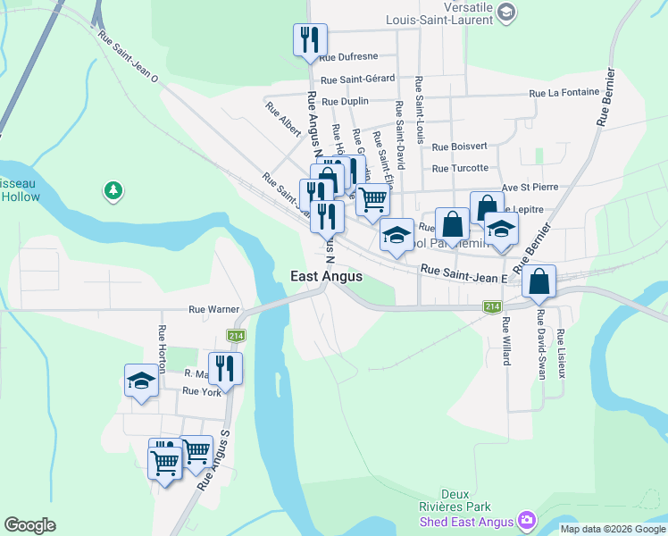 map of restaurants, bars, coffee shops, grocery stores, and more near 28 Rue Angus Nord in East Angus