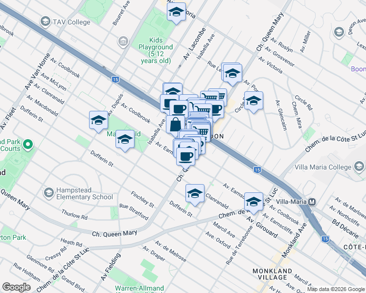 map of restaurants, bars, coffee shops, grocery stores, and more near 5152 Avenue Coolbrook in Montréal