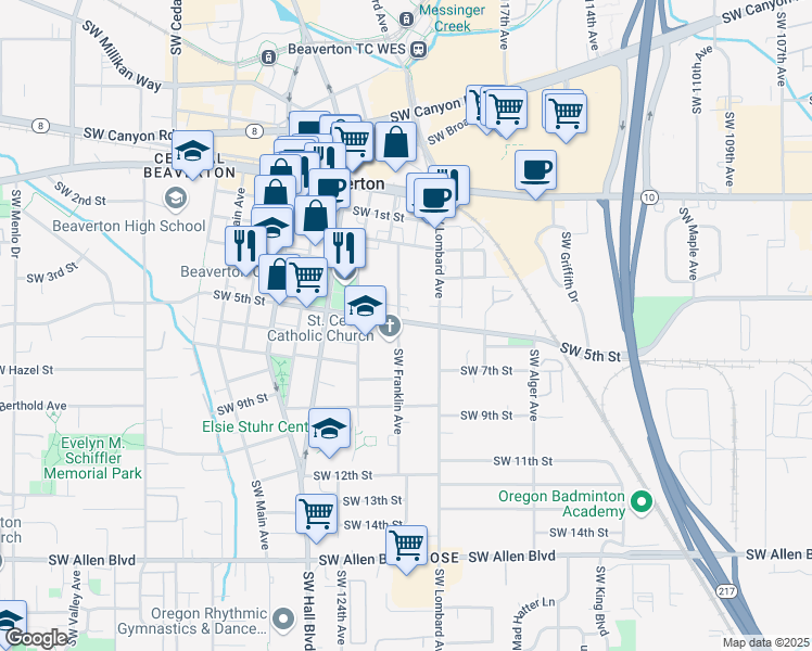 map of restaurants, bars, coffee shops, grocery stores, and more near 12150 Southwest 5th Street in Beaverton
