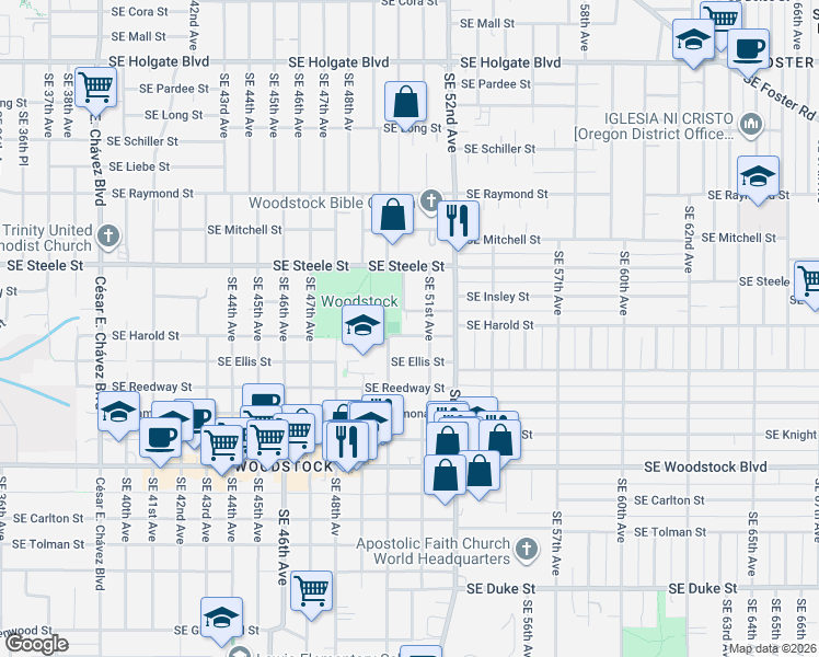 map of restaurants, bars, coffee shops, grocery stores, and more near 5031 Southeast Harold Street in Portland