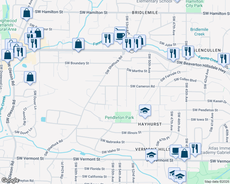 map of restaurants, bars, coffee shops, grocery stores, and more near 5703 Southwest 54th Avenue in Portland