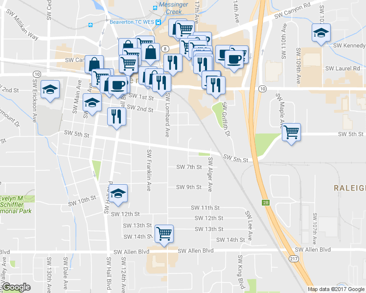 map of restaurants, bars, coffee shops, grocery stores, and more near 11825 Southwest 5th Street in Beaverton