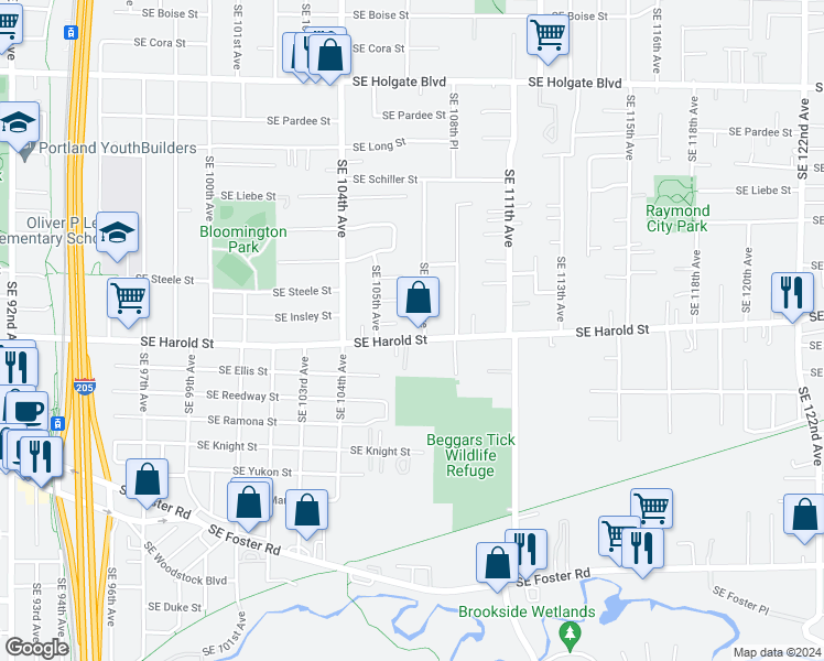 map of restaurants, bars, coffee shops, grocery stores, and more near 10707 Southeast Harold Street in Portland