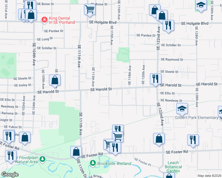 map of restaurants, bars, coffee shops, grocery stores, and more near 11533 Southeast Harold Street in Portland