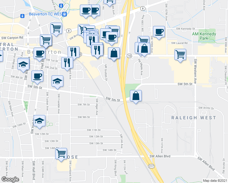 map of restaurants, bars, coffee shops, grocery stores, and more near 5050 Southwest Griffith Drive in Beaverton