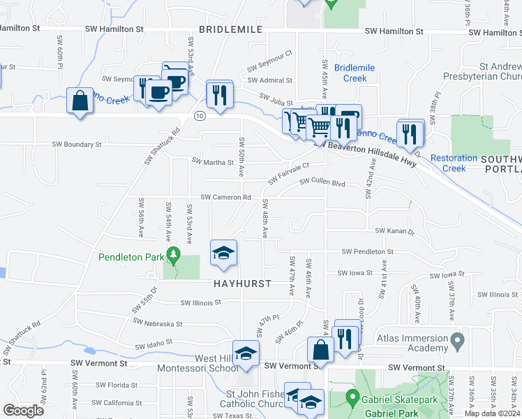map of restaurants, bars, coffee shops, grocery stores, and more near 5705 SW 48th Ave in Portland